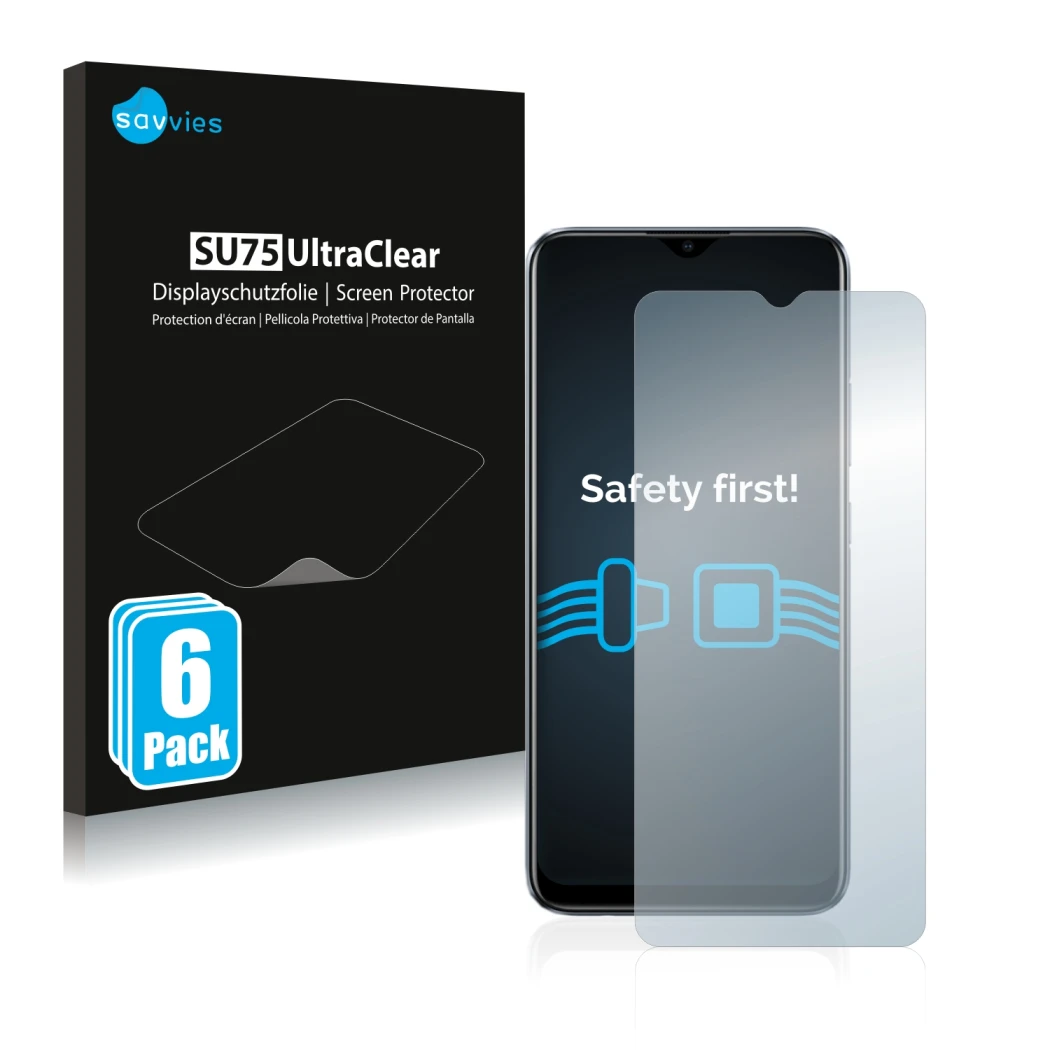 Front side of a product packaging with the brand logo Savvies. Next to it is the device realme C11 2021 shown with the corresp