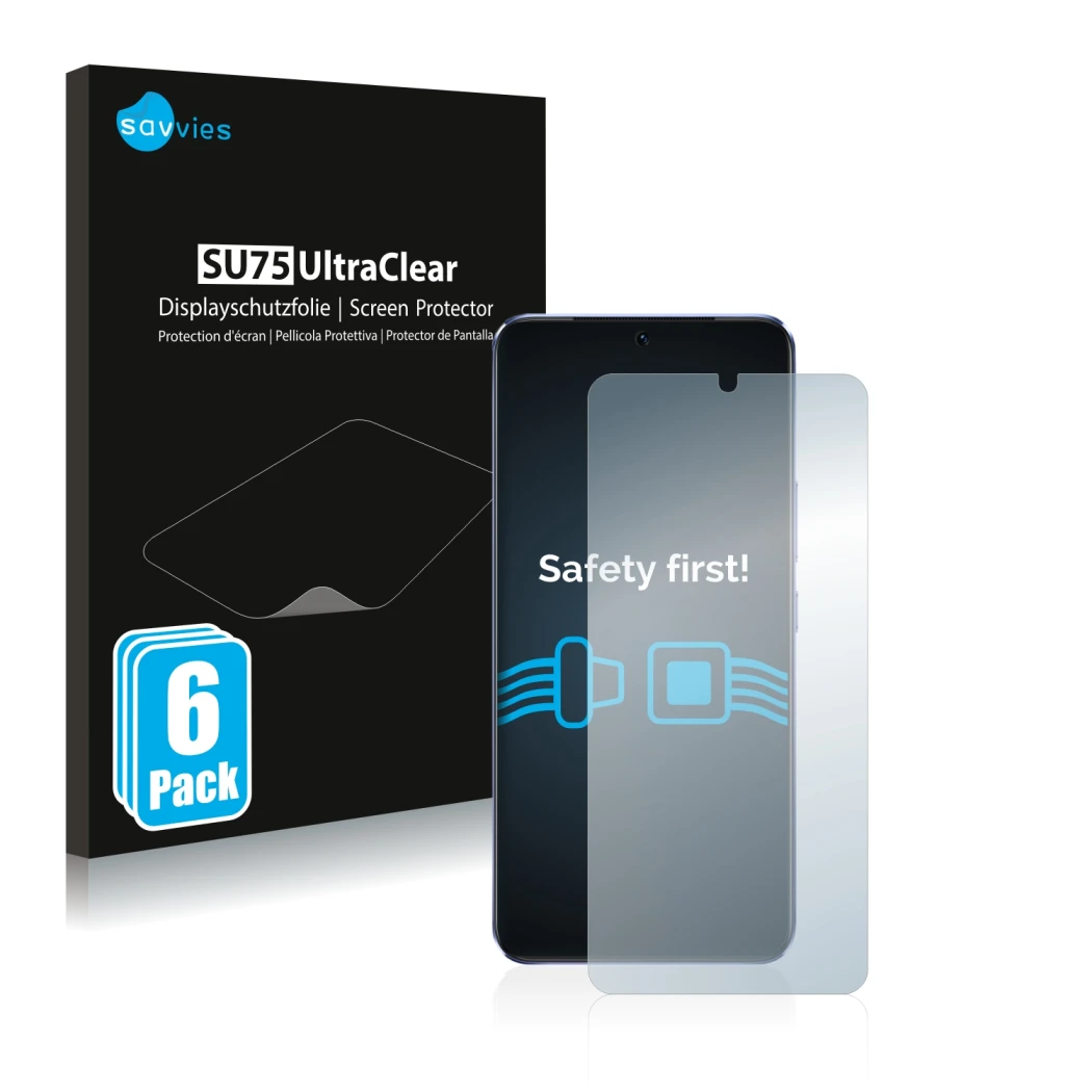 Front side of a product packaging with the brand logo Savvies. Next to it is the device Vivo V21 5G shown with the correspondi
