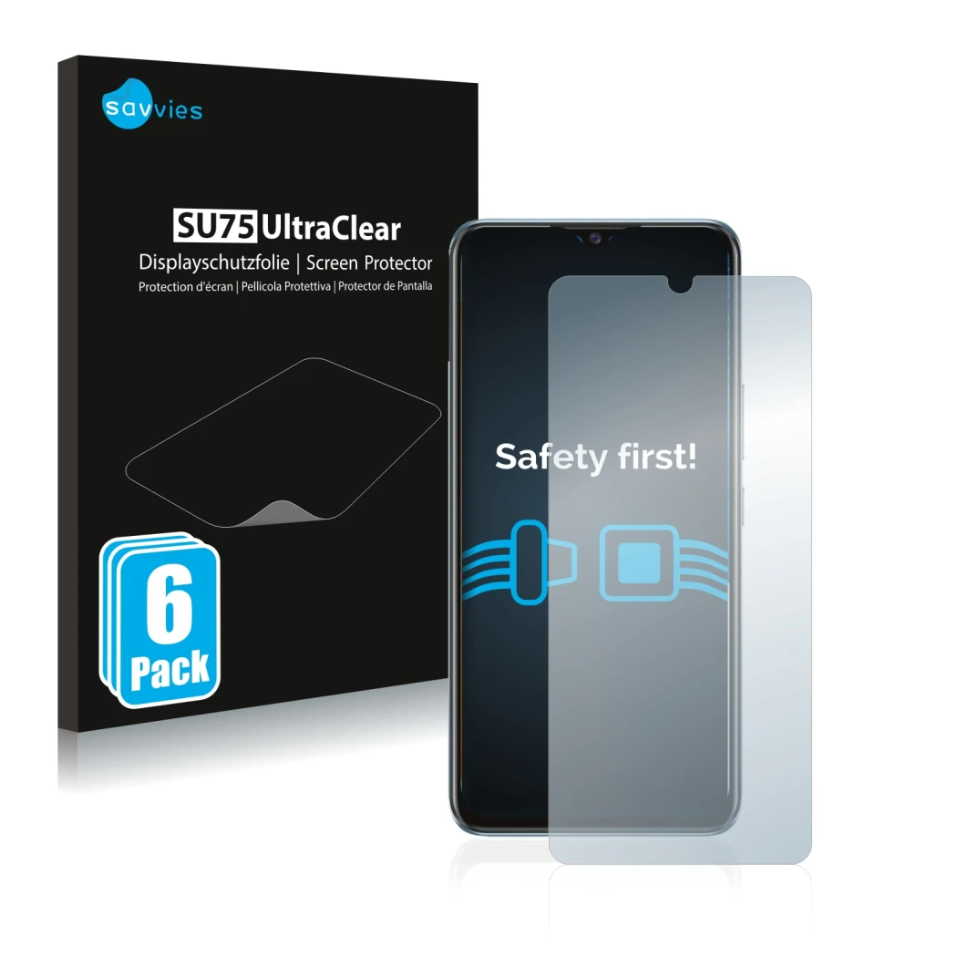 Front side of a product packaging with the brand logo Savvies. Next to it is the device Vivo Y70 shown with the corresponding 