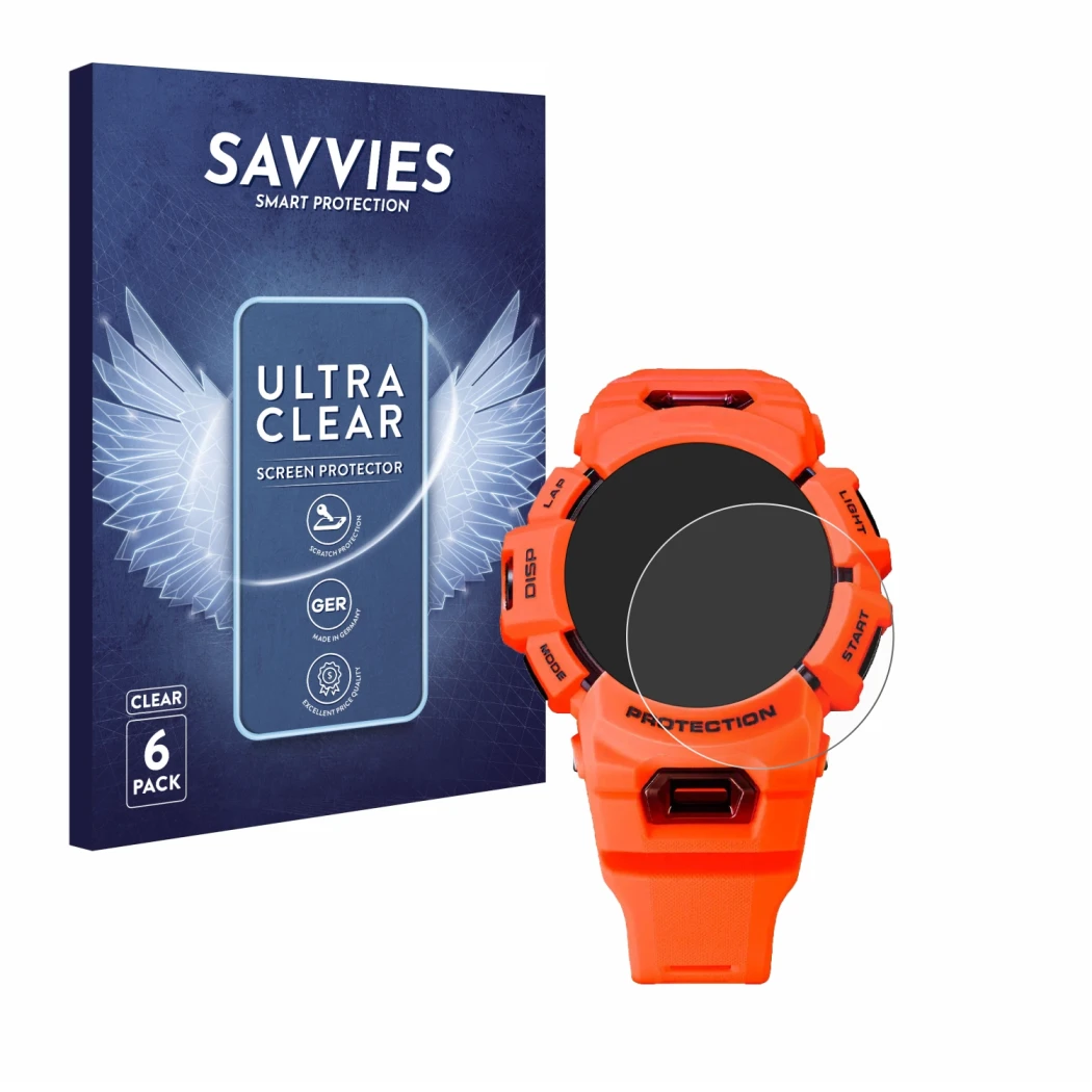 Front side of a product packaging with the brand logo Savvies. Next to it is the device Casio G-Shock GBA-900 shown with the c