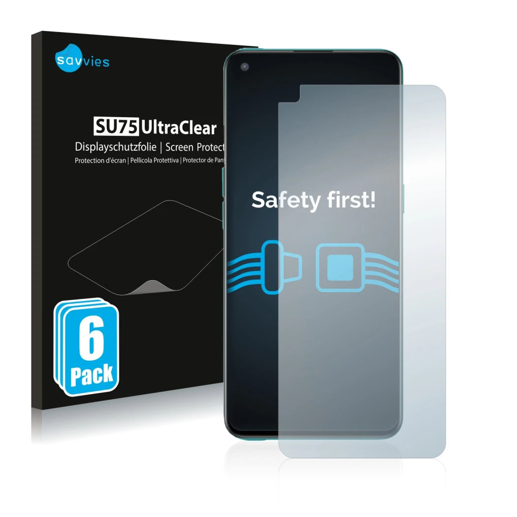 Front side of a product packaging with the brand logo Savvies. Next to it is the device OnePlus Nord CE 5G shown with the corr