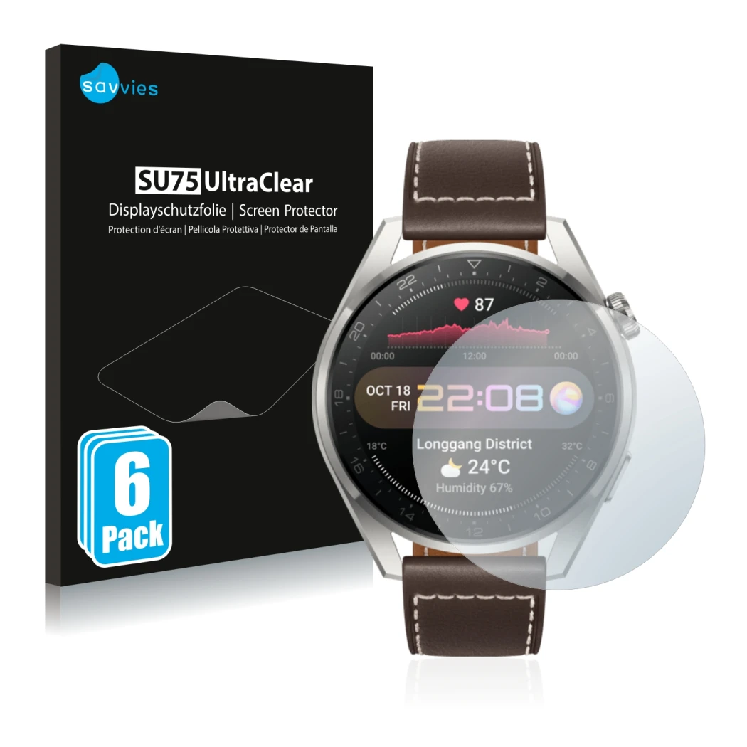 Front side of a product packaging with the brand logo Savvies. Next to it is the device Huawei Watch 3 Pro shown with the corr