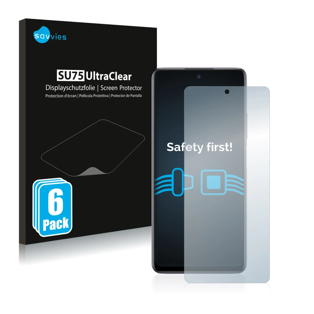 Front side of a product packaging with the brand logo Savvies. Next to it is the device Infinix Note 10 Pro shown with the cor