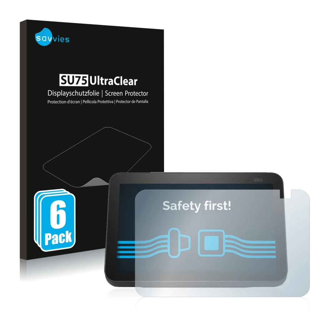 Front side of a product packaging with the brand logo Savvies. Next to it is the device Amazon Echo Show 8 2021 (2nd Gen.) sho