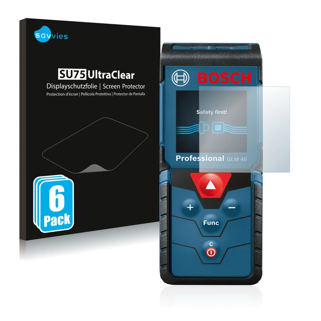 Front side of a product packaging with the brand logo Savvies. Next to it is the device Bosch GLM 40 Professional shown with t