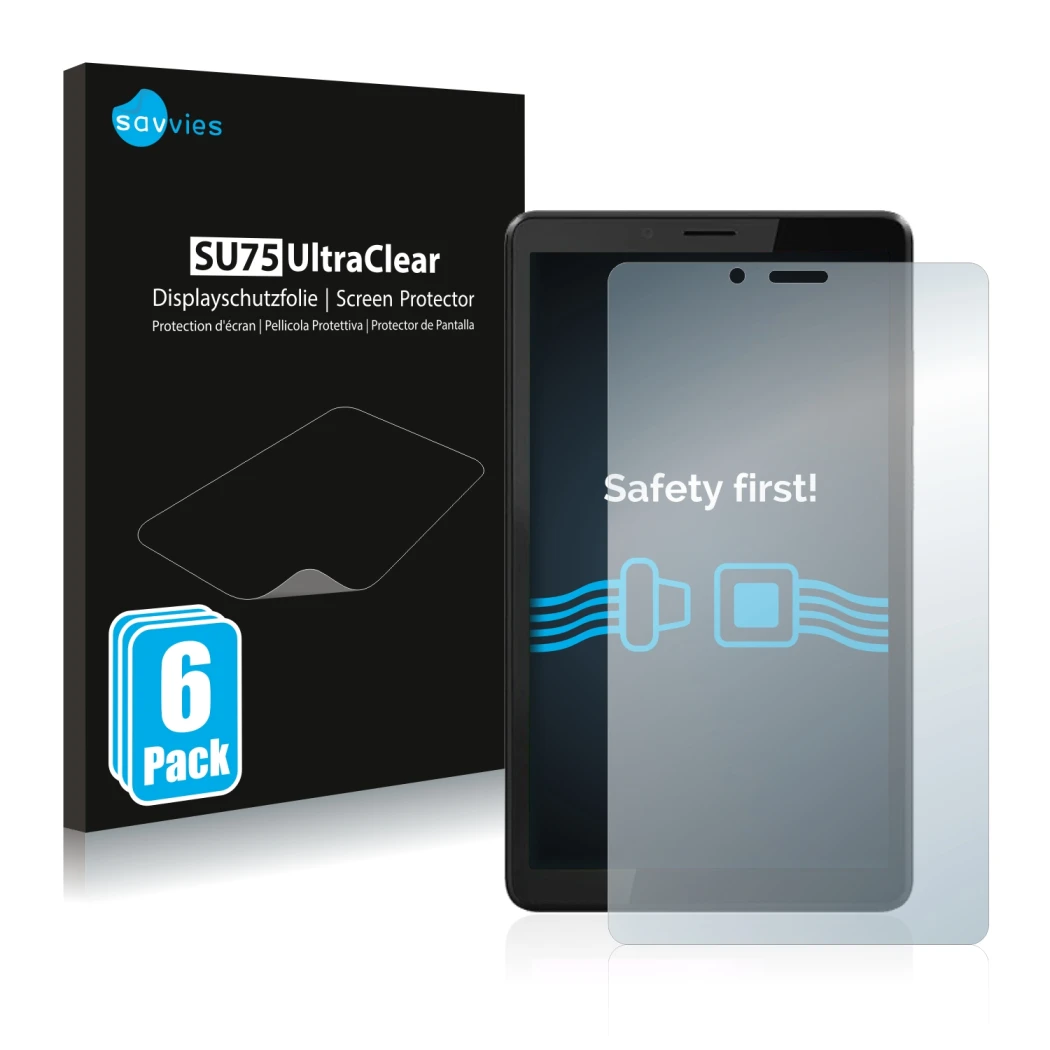 Front side of a product packaging with the brand logo Savvies. Next to it is the device Lenovo Tab M7 (3th Gen.) shown with th
