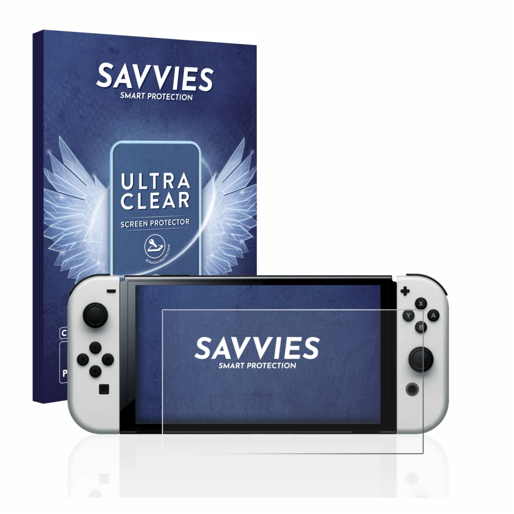 Front side of a product packaging with the brand logo Savvies. Next to it is the device Nintendo Switch OLED-Modell shown with