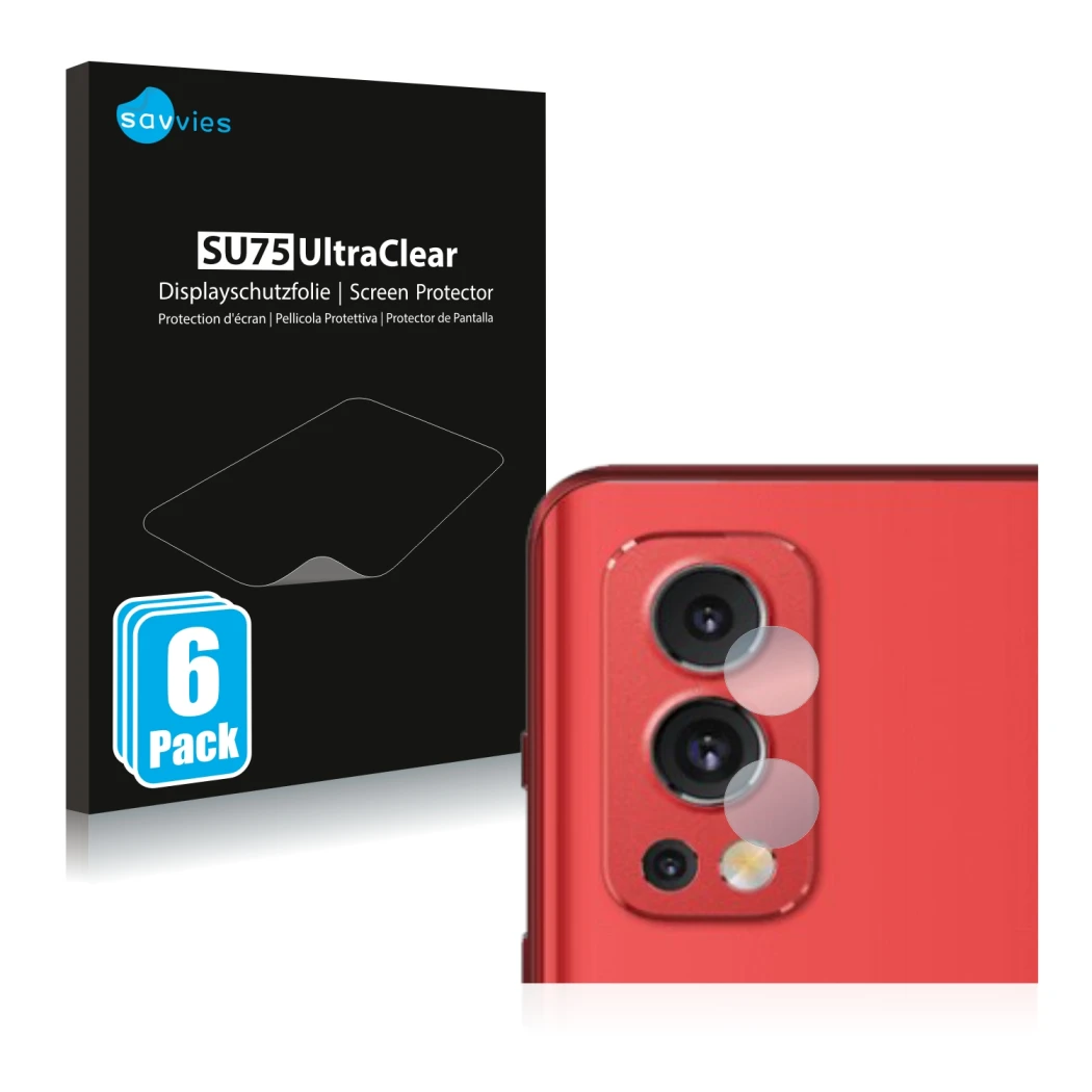 Front side of a product packaging with the brand logo Savvies. Next to it is the device OnePlus Nord 2 5G (ONLY Camera Lens) s