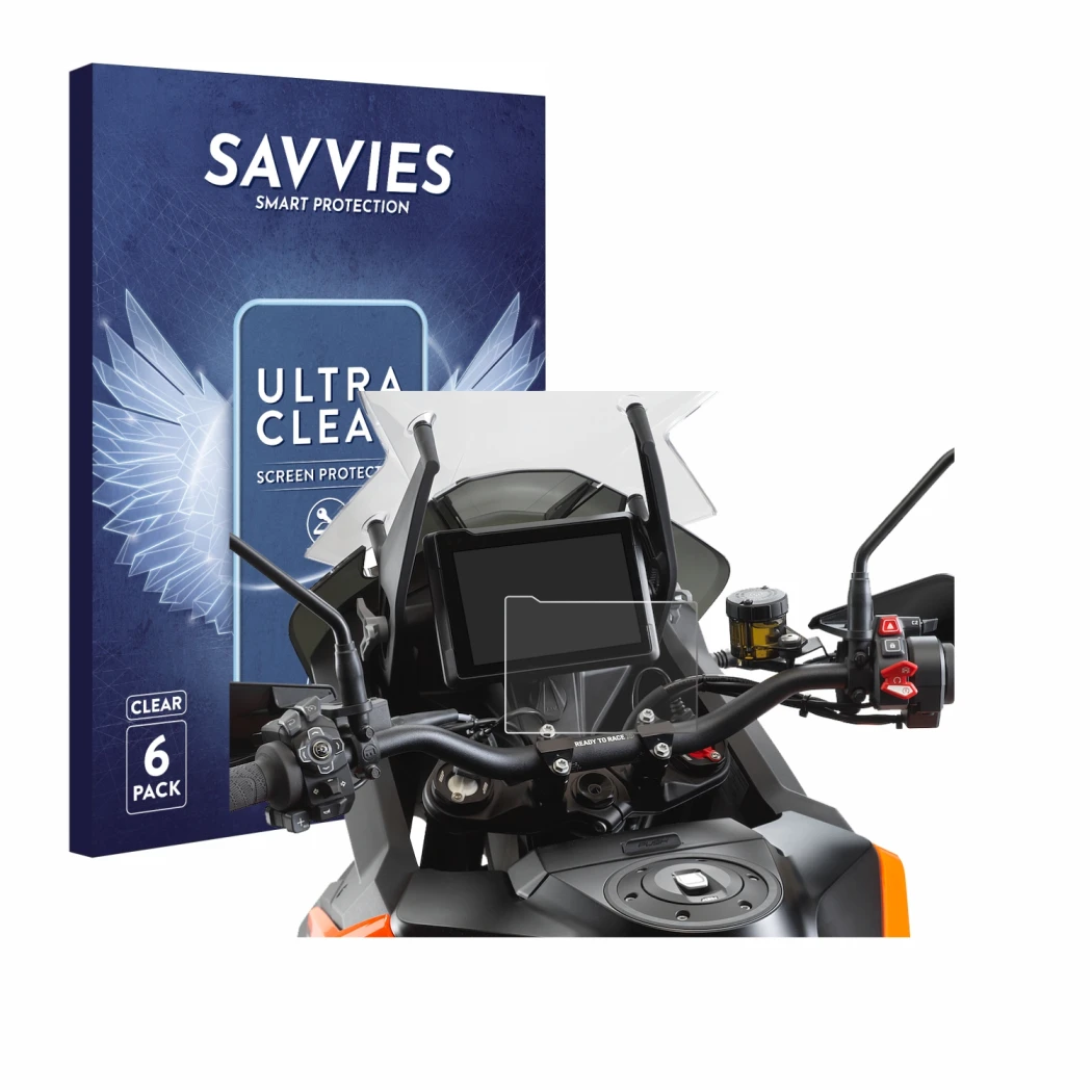 Front side of a product packaging with the brand logo Savvies. Next to it is the device KTM 1290 Super Adventure S 2021 TFT 7