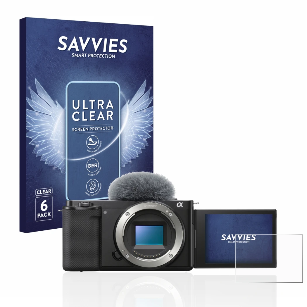 Front side of a product packaging with the brand logo Savvies. Next to it is the device Sony Alpha ZV-E10 shown with the corre