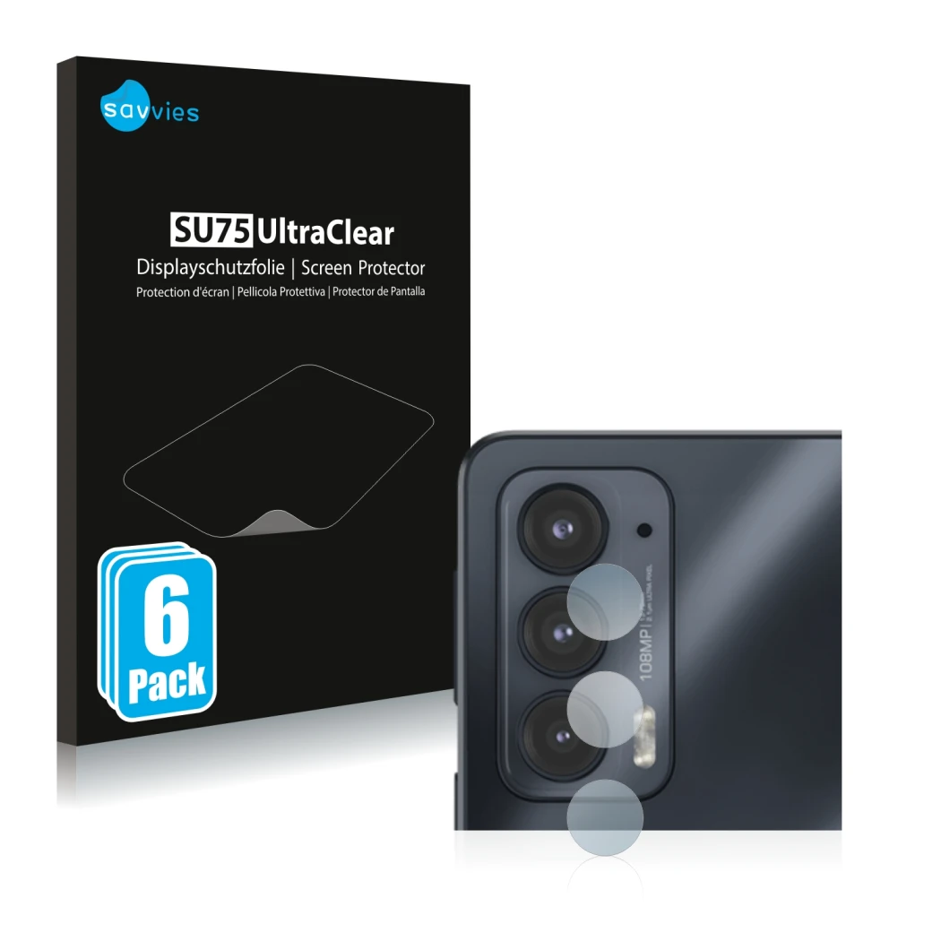 Front side of a product packaging with the brand logo Savvies. Next to it is the device Motorola Edge 20 (ONLY Camera Lens) sh