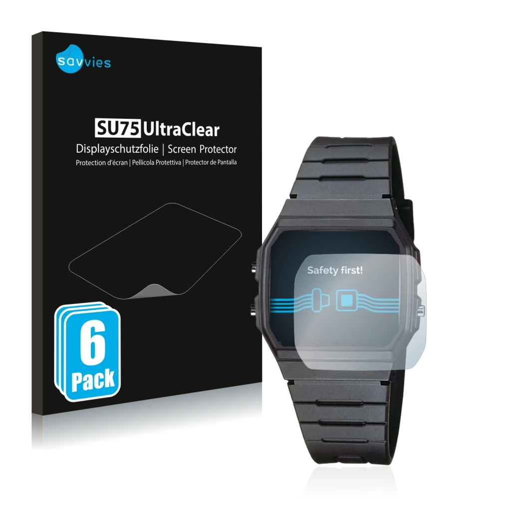 Front side of a product packaging with the brand logo Savvies. Next to it is the device Casio Collection Unisex F-91W shown wi