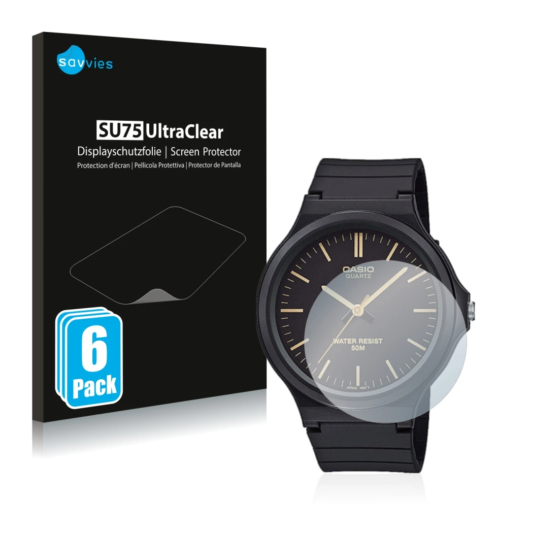 Front side of a product packaging with the brand logo Savvies. Next to it is the device Casio Unisex MW-240 shown with the cor