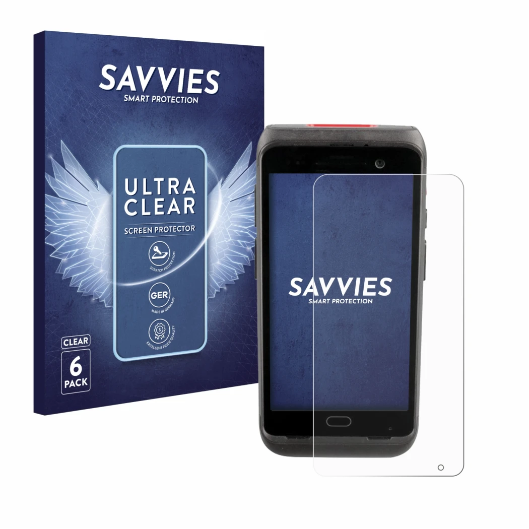 Front side of a product packaging with the brand logo Savvies. Next to it is the device Honeywell CT40 XP shown with the corre