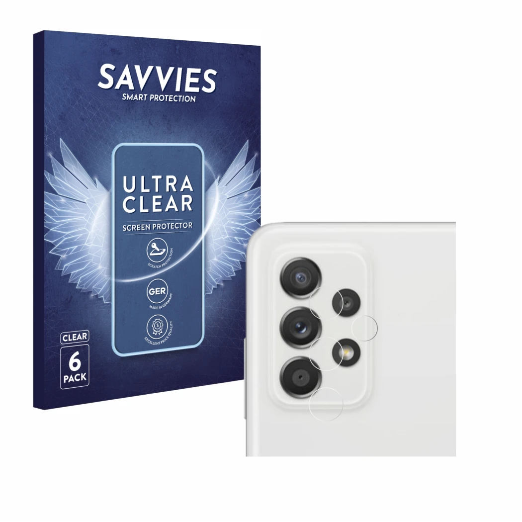 Front side of a product packaging with the brand logo Savvies. Next to it is the device Samsung Galaxy A52s 5G (ONLY Camera Le