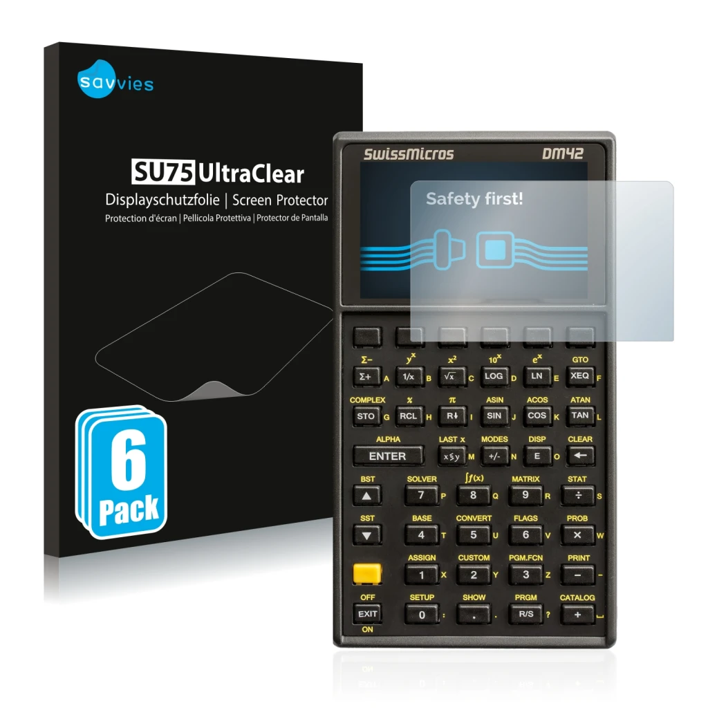 Front side of a product packaging with the brand logo Savvies. Next to it is the device SwissMicros DM42 shown with the corres