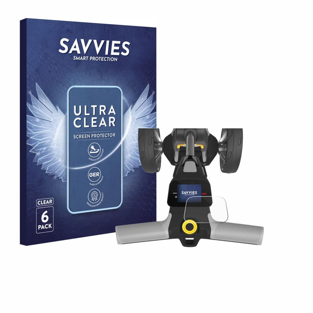 Front side of a product packaging with the brand logo Savvies. Next to it is the device PowaKaddy CT6 GPS shown with the corre