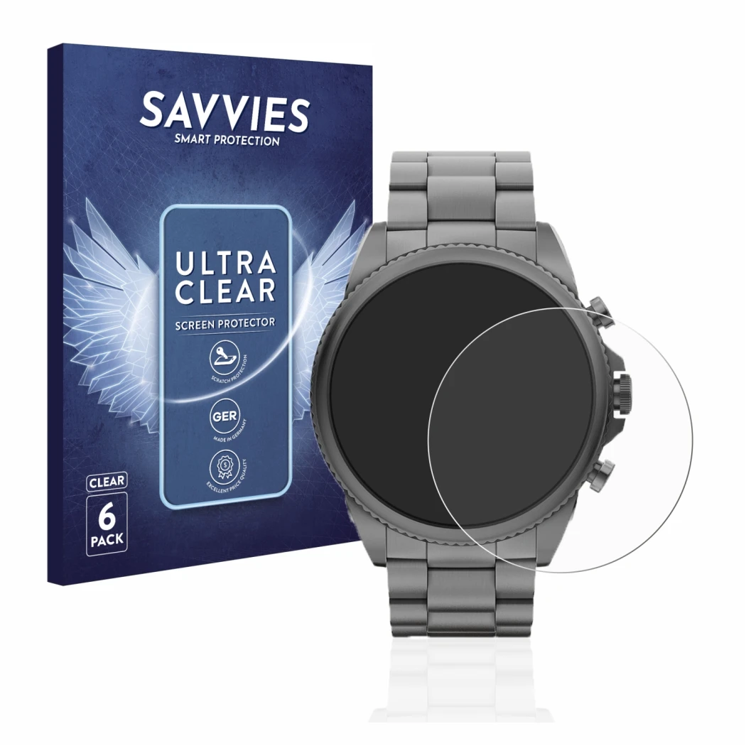 Front side of a product packaging with the brand logo Savvies. Next to it is the device Fossil Gen 6 (44mm) shown with the cor