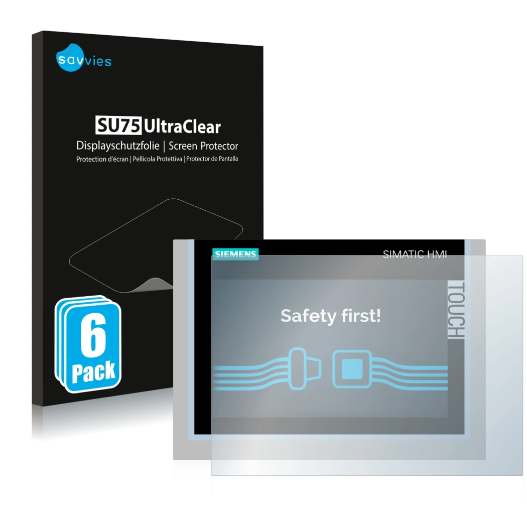 Front side of a product packaging with the brand logo Savvies. Next to it is the device Siemens Simatic HMI TP700 Comfort show