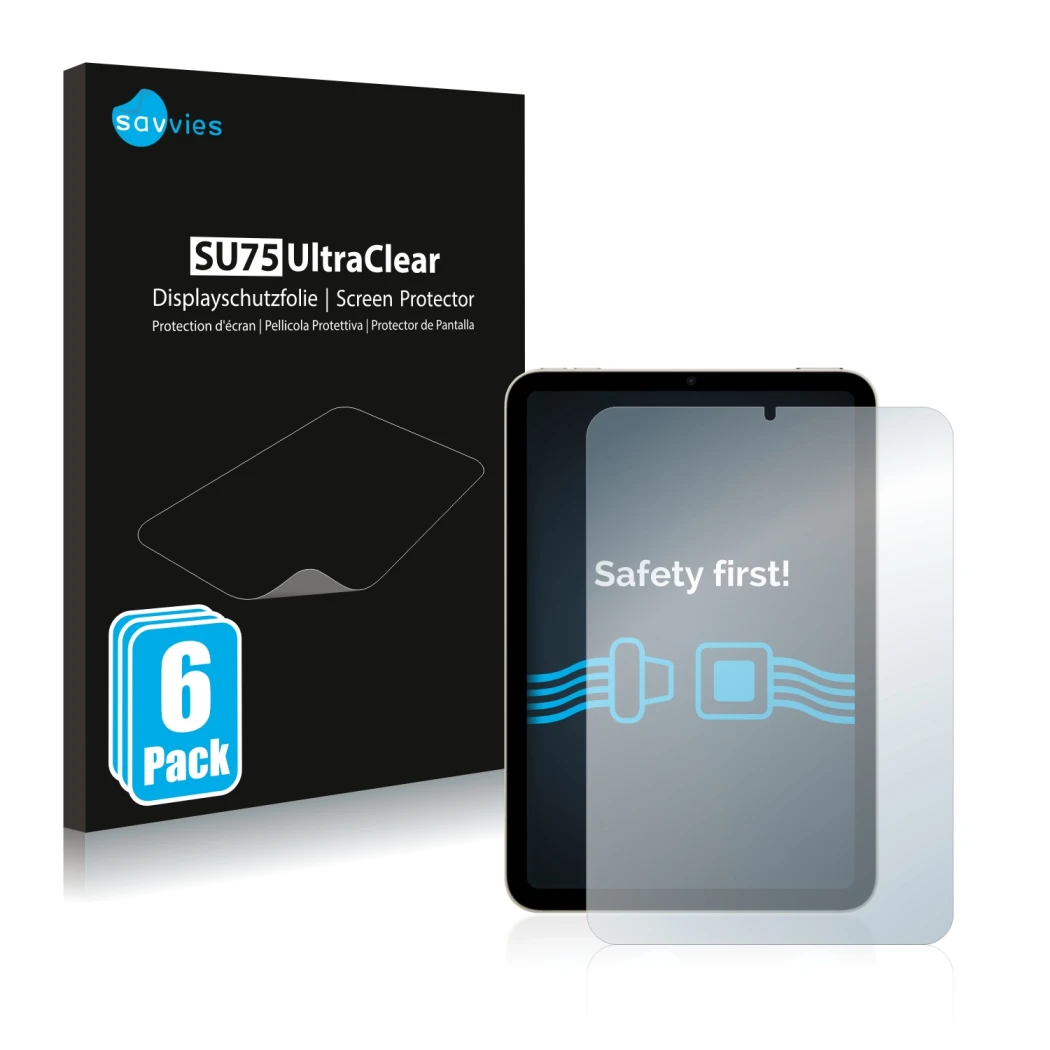 Front side of a product packaging with the brand logo Savvies. Next to it is the device Apple iPad Mini 6 2021 shown with the 