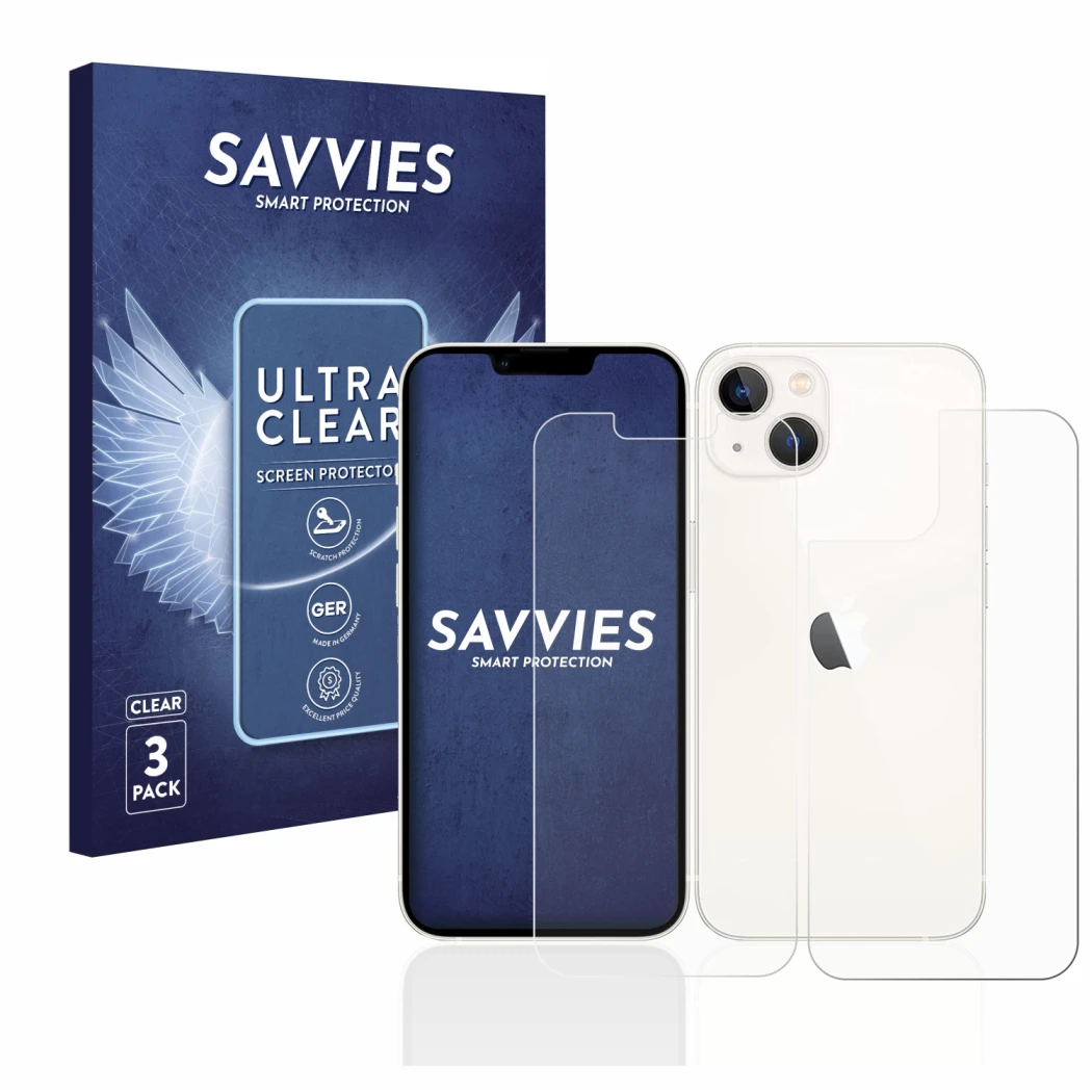 Front side of a product packaging with the brand logo Savvies. Next to it is the device Apple iPhone 13 (Front+Back) shown wit