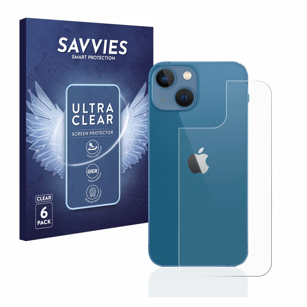 Front side of a product packaging with the brand logo Savvies. Next to it is the device Apple iPhone 13 mini (Back) shown with