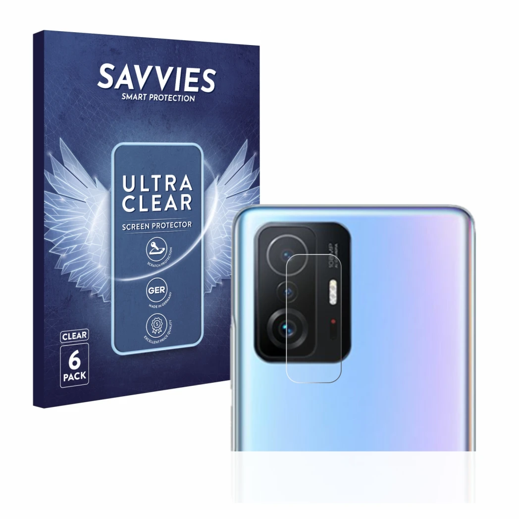 Front side of a product packaging with the brand logo Savvies. Next to it is the device Xiaomi 11T Pro (ONLY Camera Lens) show