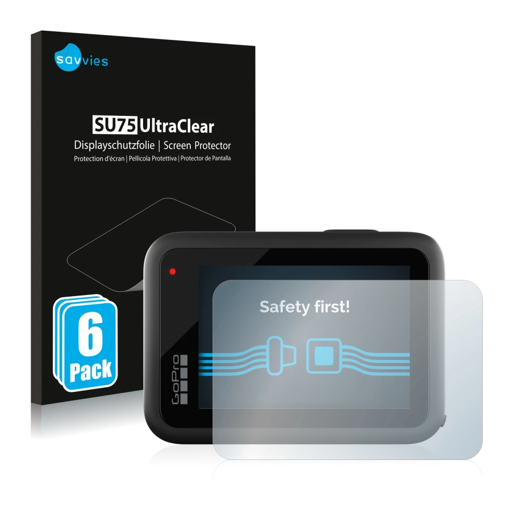 Front side of a product packaging with the brand logo Savvies. Next to it is the device GoPro Hero 10 Black shown with the cor