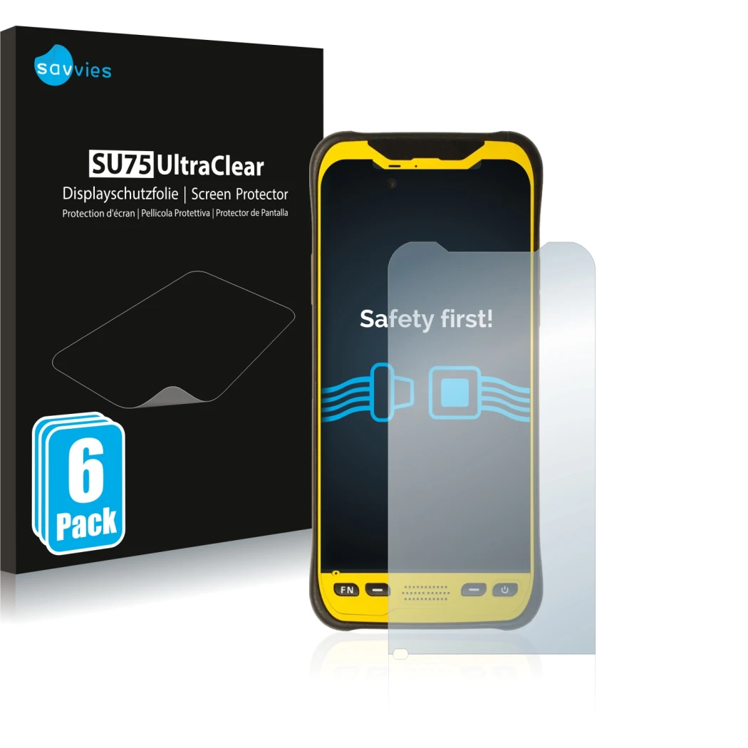 Front side of a product packaging with the brand logo Savvies. Next to it is the device Trimble TDC600 shown with the correspo