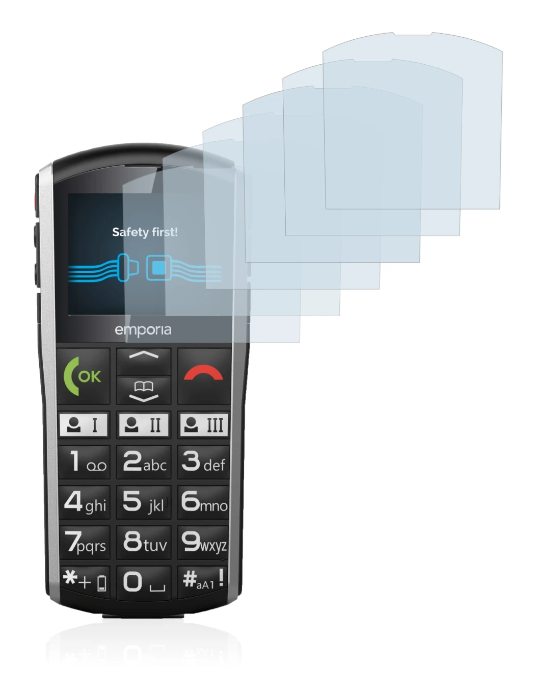 Image of the device Emporia Simplicity with a wide variety of screen protectors.