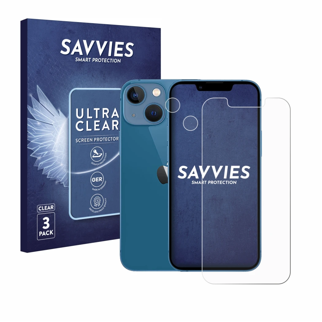 Front side of a product packaging with the brand logo Savvies. Next to it is the device Apple iPhone 13 mini (Front+Camera) sh