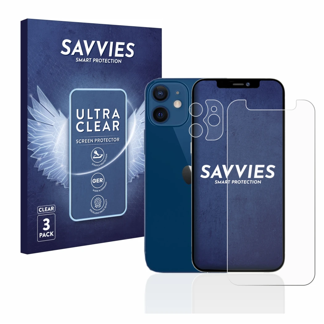 Front side of a product packaging with the brand logo Savvies. Next to it is the device Apple iPhone 12 mini (Front+Camera) sh
