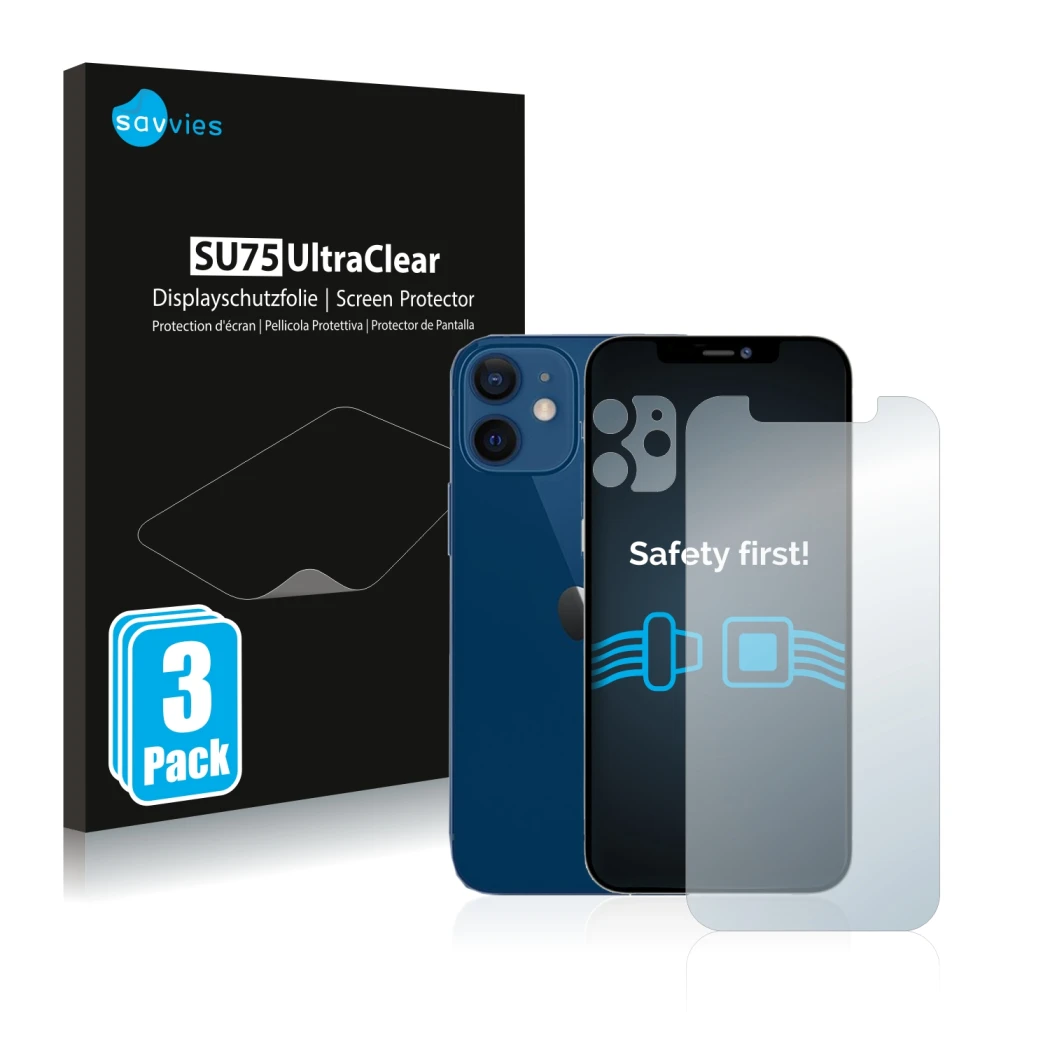 Front side of a product packaging with the brand logo Savvies. Next to it is the device Apple iPhone 12 (Front+Camera) shown w