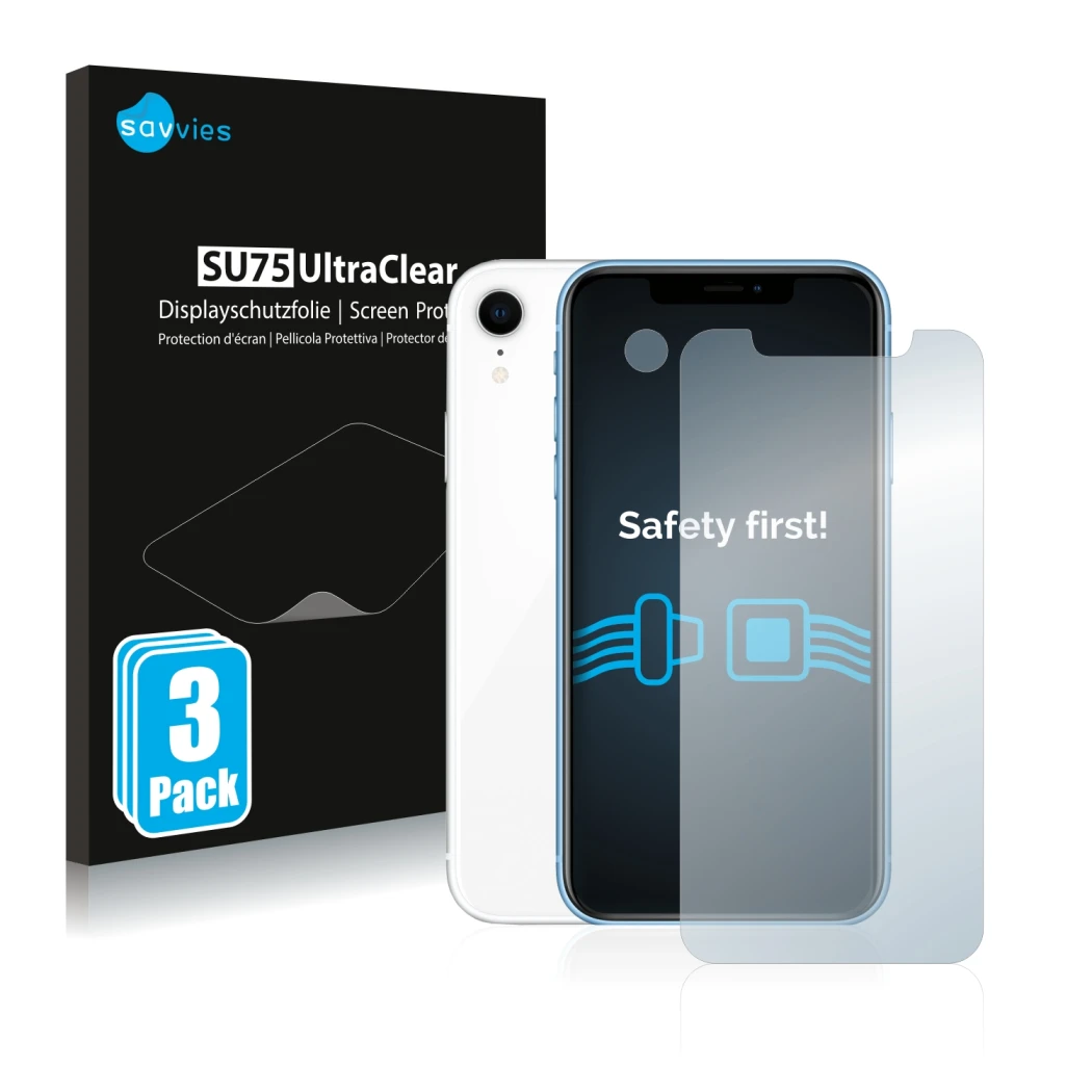 Front side of a product packaging with the brand logo Savvies. Next to it is the device Apple iPhone XR (Front+Camera) shown w