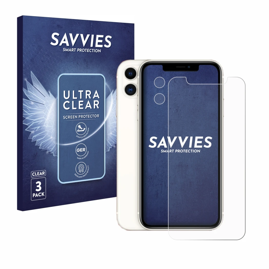 Front side of a product packaging with the brand logo Savvies. Next to it is the device Apple iPhone 11 (Front+Camera) shown w