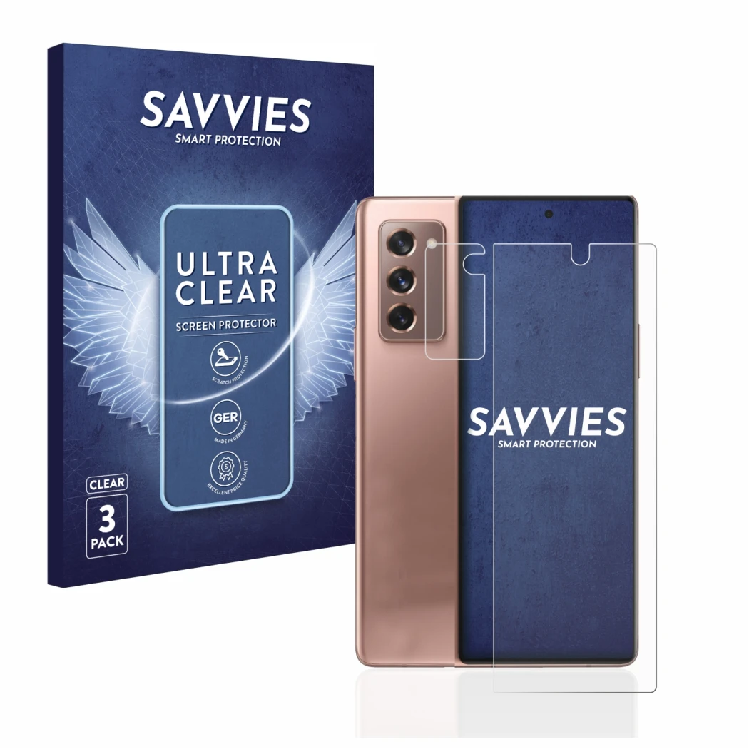 Front side of a product packaging with the brand logo Savvies. Next to it is the device Samsung Galaxy Z Fold 2 5G (Front+Came