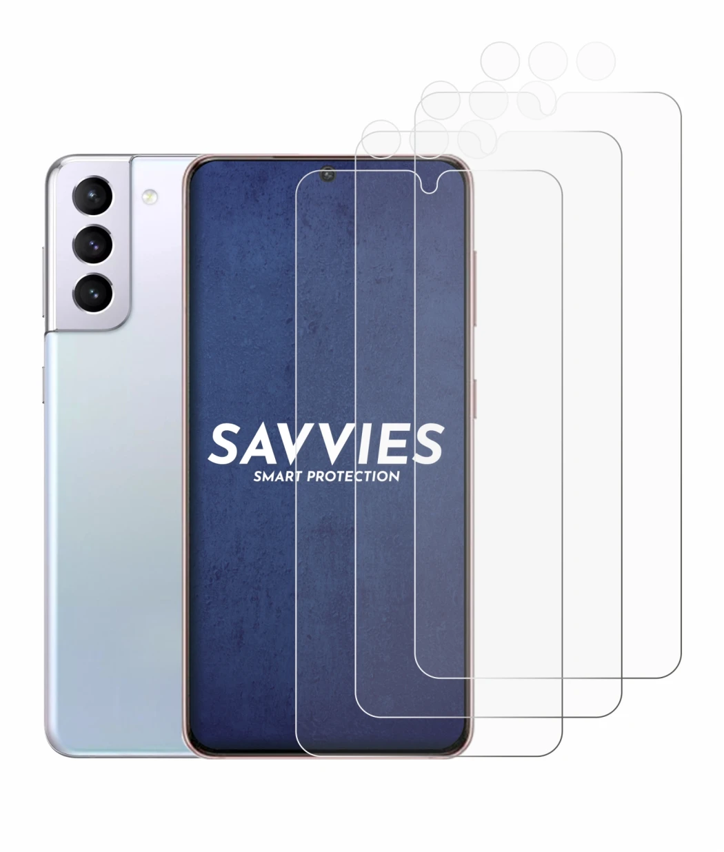 Image of the device Samsung Galaxy S21 (Front+Camera) with a wide variety of screen protectors.