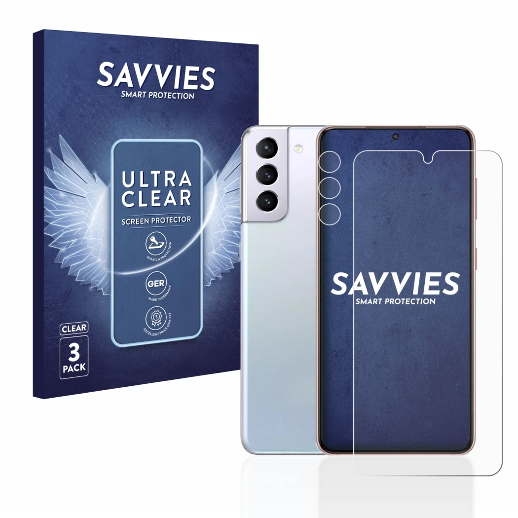 Front side of a product packaging with the brand logo Savvies. Next to it is the device Samsung Galaxy S21 5G (Front+Camera) s