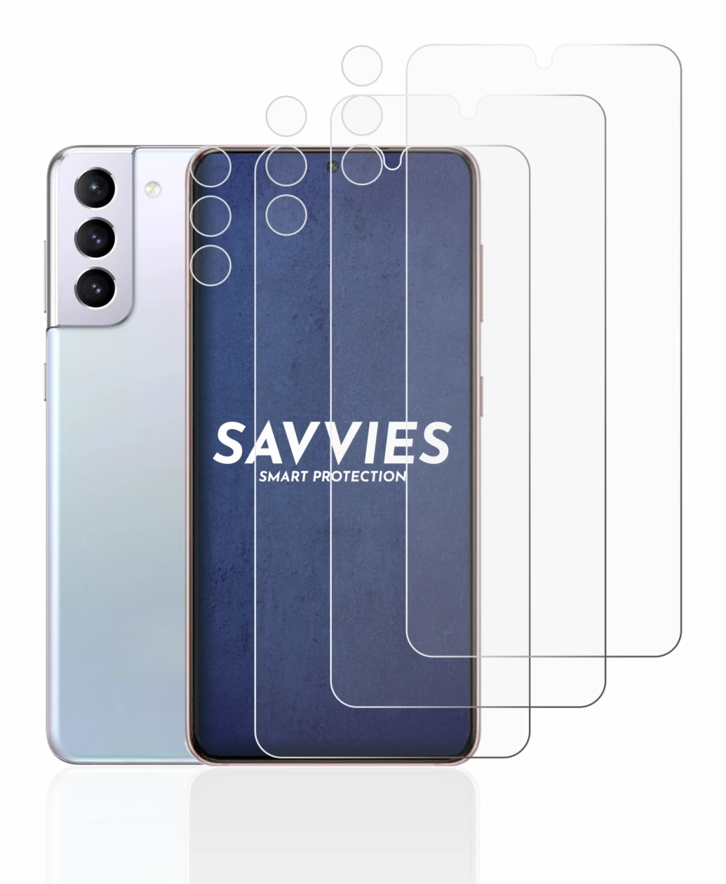 Image of the device Samsung Galaxy S21 5G (Front+Camera) with a wide variety of screen protectors.