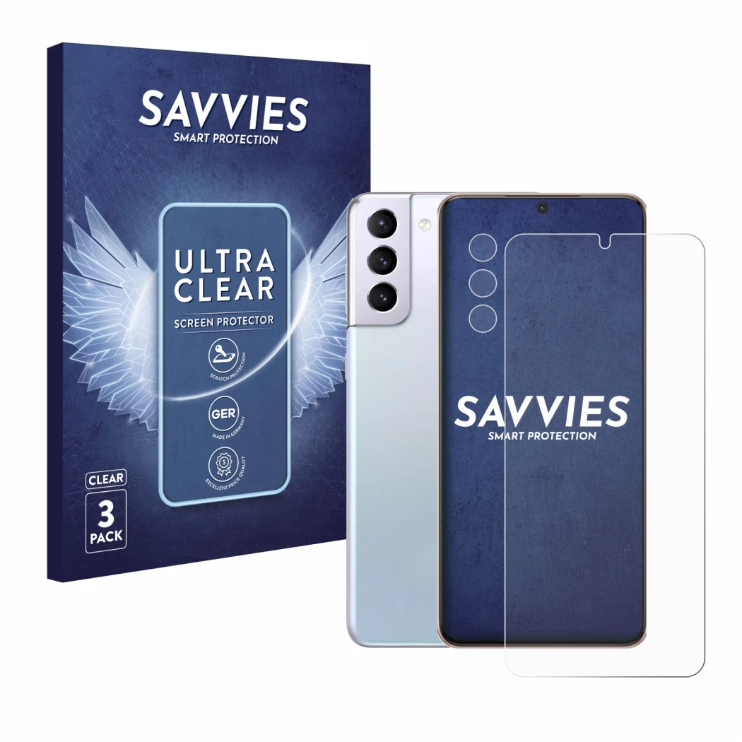 Front side of a product packaging with the brand logo Savvies. Next to it is the device Samsung Galaxy S21 Plus 5G (Front+Came