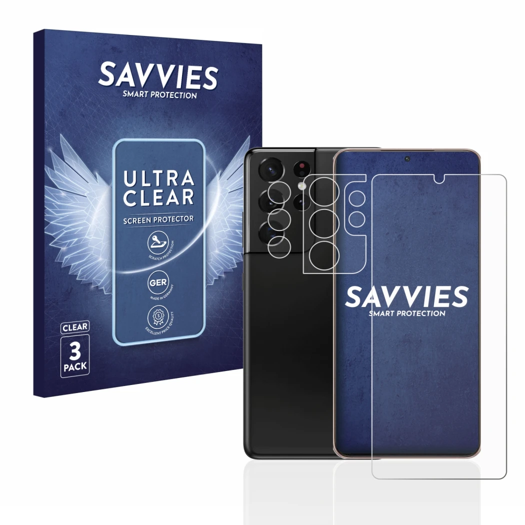 Front side of a product packaging with the brand logo Savvies. Next to it is the device Samsung Galaxy S21 Ultra 5G (Front+Cam