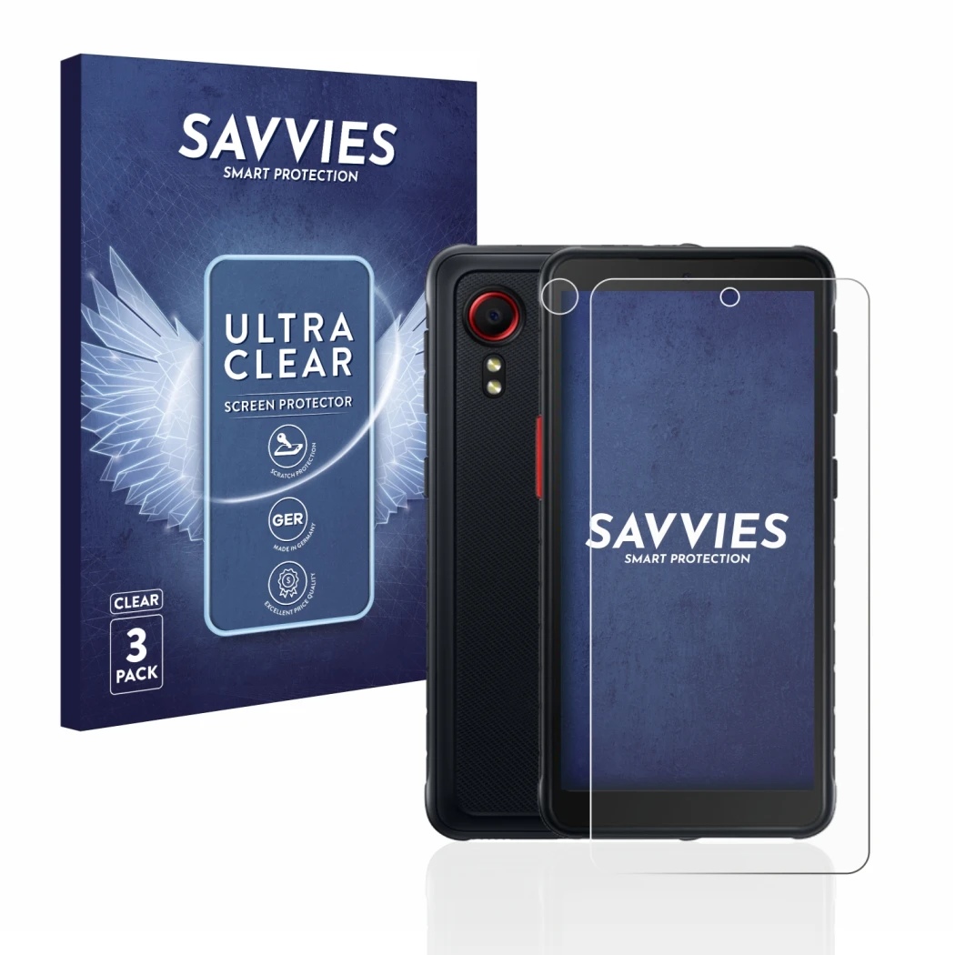 Front side of a product packaging with the brand logo Savvies. Next to it is the device Samsung Galaxy XCover 5 (Front+Camera)