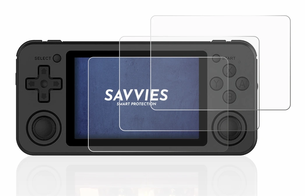 Image of the device Anbernic RG351P with a wide variety of screen protectors.