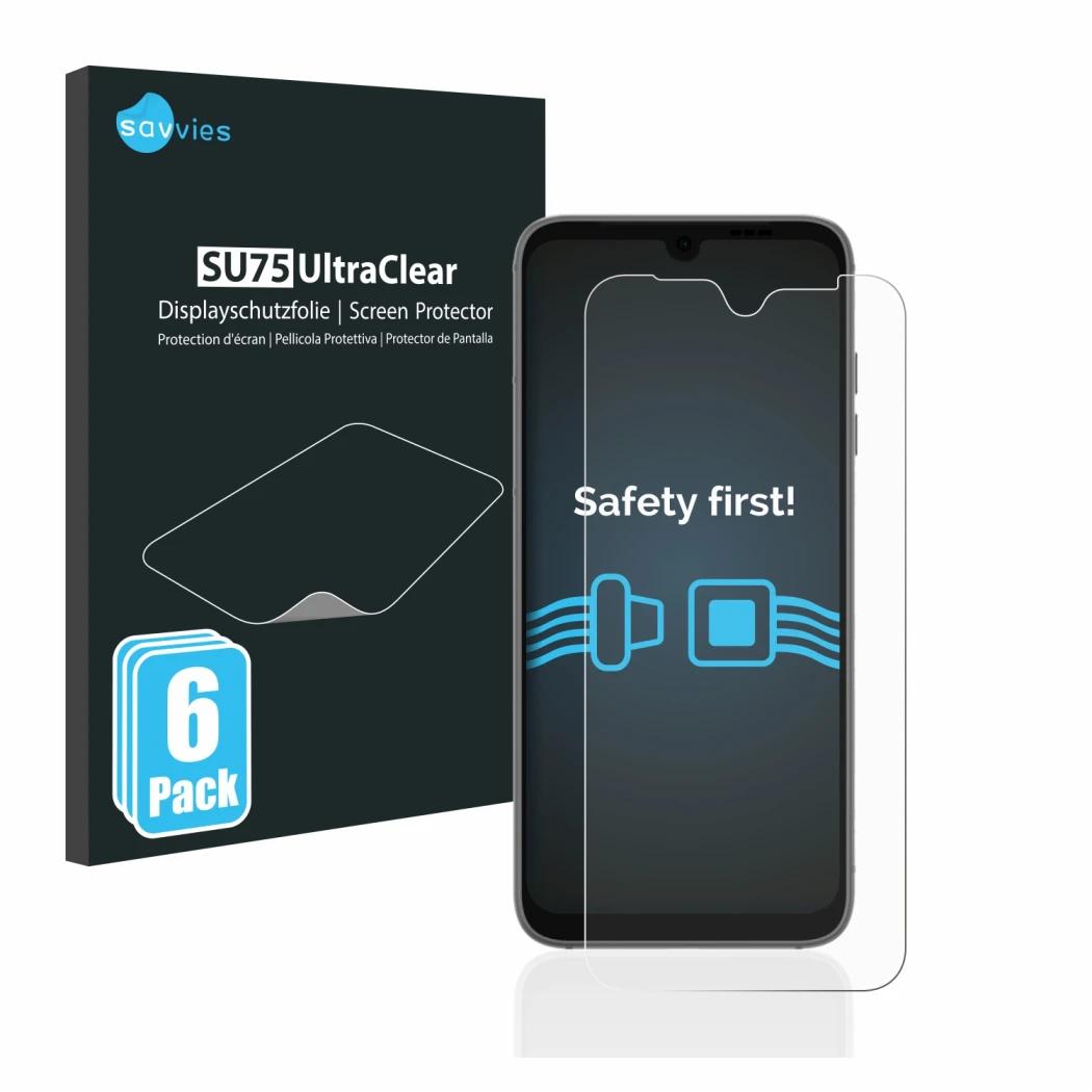 Front side of a product packaging with the brand logo Savvies. Next to it is the device Fairphone 4 shown with the correspondi