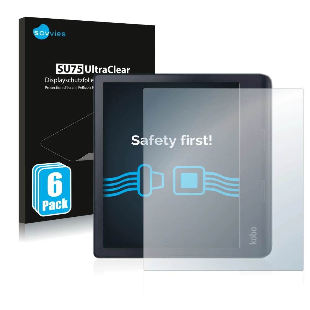 Front side of a product packaging with the brand logo Savvies. Next to it is the device Kobo Sage shown with the corresponding