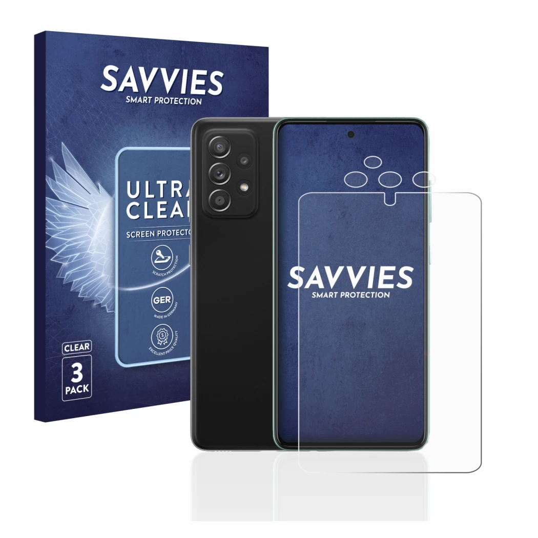 Front side of a product packaging with the brand logo Savvies. Next to it is the device Samsung Galaxy A52s 5G (Front+Camera) 