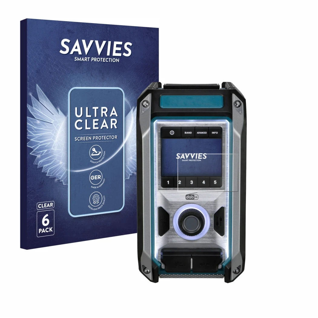 Front side of a product packaging with the brand logo Savvies. Next to it is the device Makita DMR115 shown with the correspon