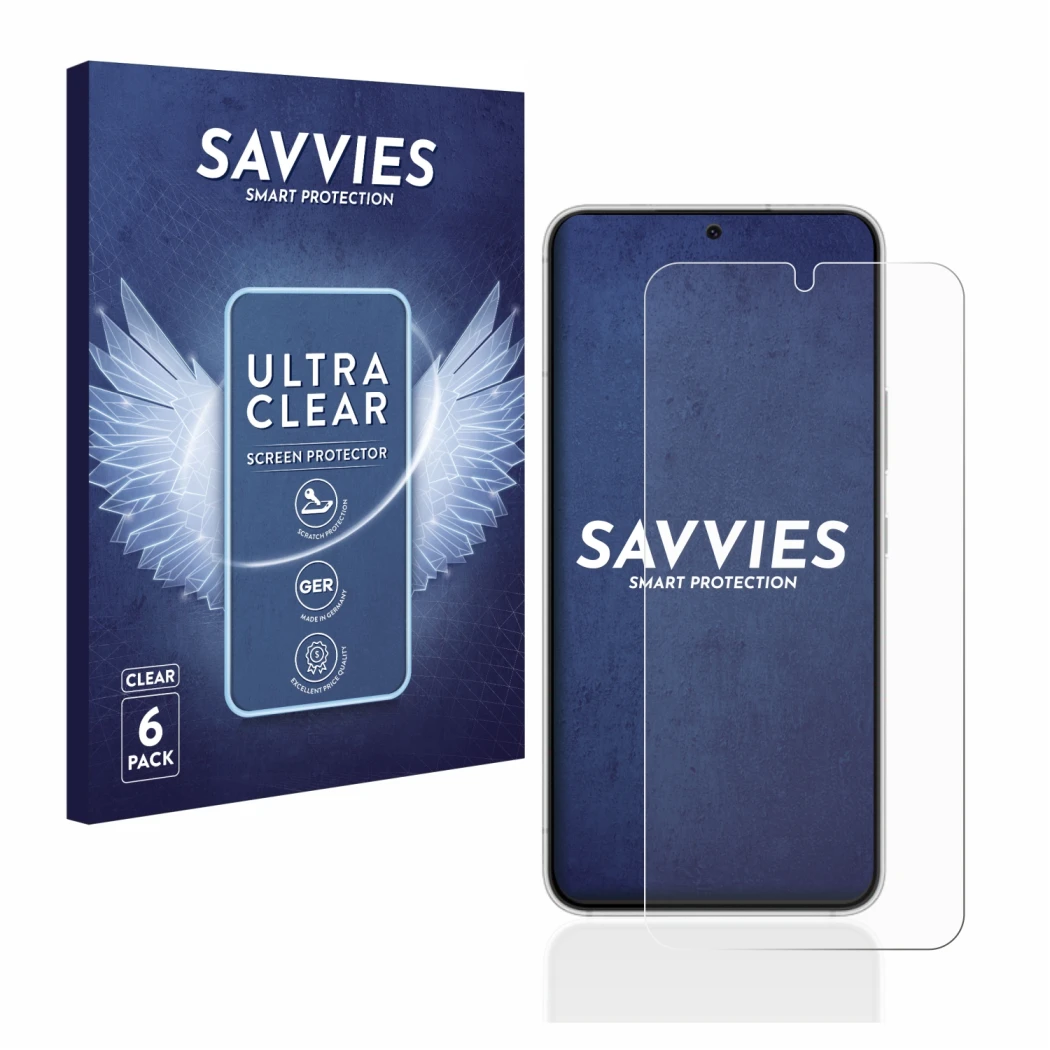 Front side of a product packaging with the brand logo Savvies. Next to it is the device Samsung Galaxy S22 5G shown with the c