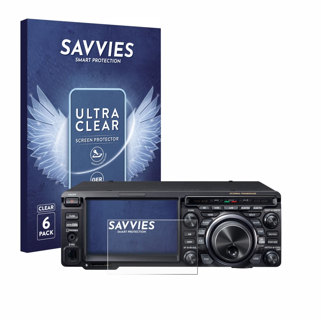 Front side of a product packaging with the brand logo Savvies. Next to it is the device Yaesu FT-DX10 shown with the correspon
