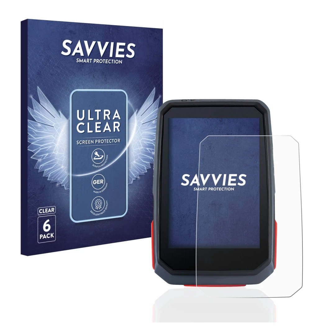 Front side of a product packaging with the brand logo Savvies. Next to it is the device Sigma ROX 4.0 shown with the correspon